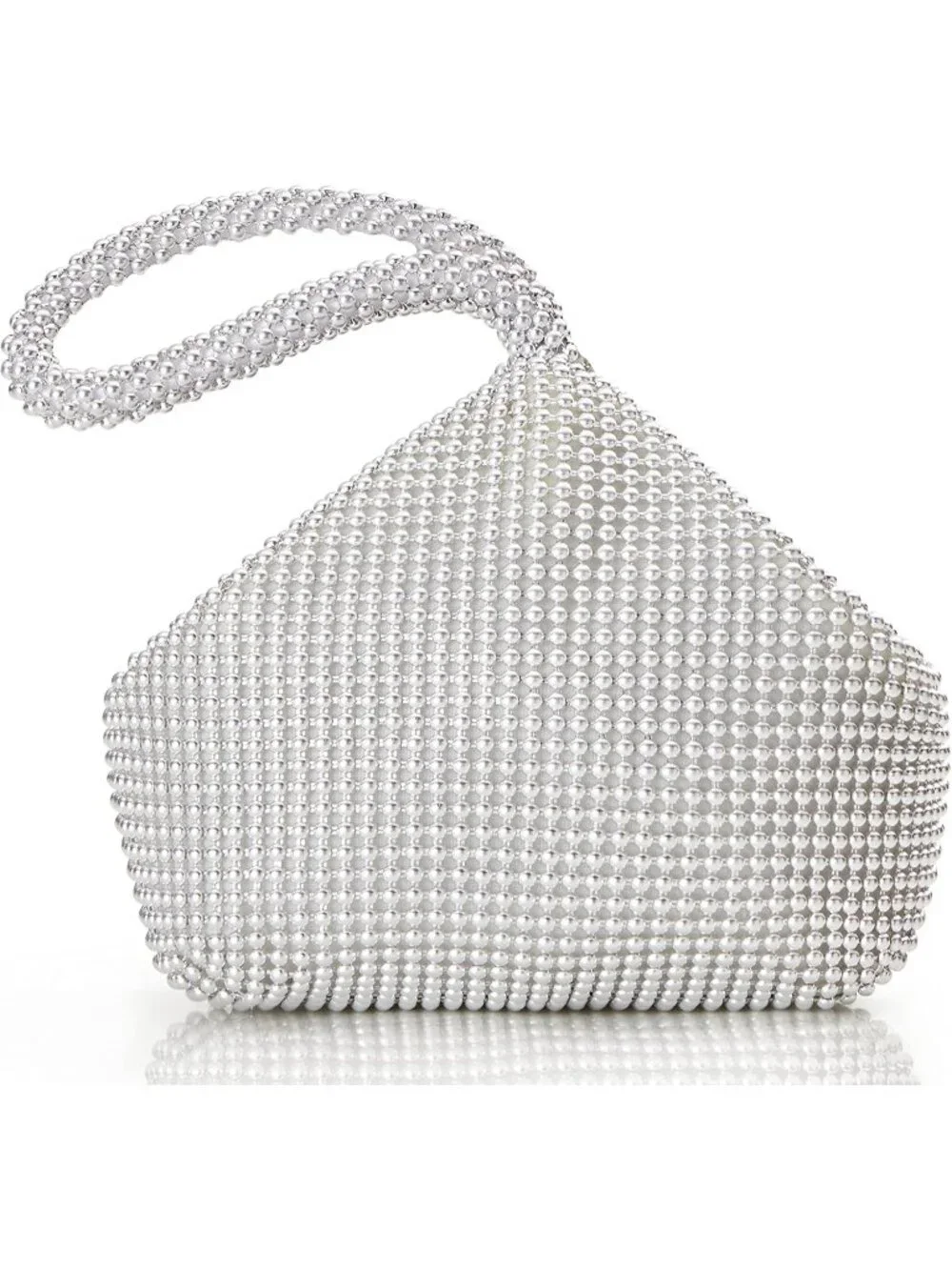 Women's White Beaded Clutch Triangle Evening Bags Classy Zipper Wristlet Purse